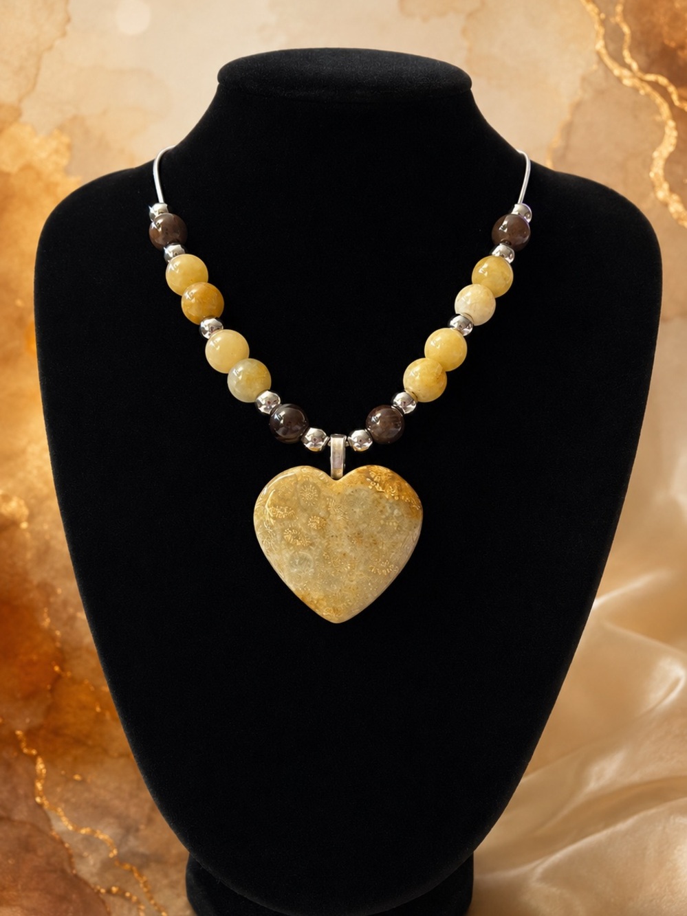 Hand Crafted Golden Yellow and Brown Heart Pendant Necklace